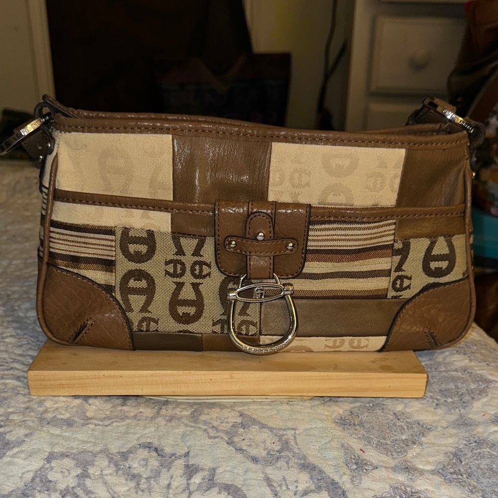 Etienne Aigner Brown and Tan Designer Patchwork Signature Shoulder Bag (C)